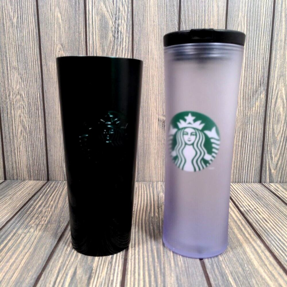 Starbucks 24 oz Tumblers Cold Cup Black Matte Stainless Steel Plastic Lot of‎ 2